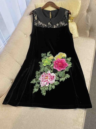 Pre-owned Handmade Custom Made To Order Sleeveless Embroidered Velvet A-line Dress Plus 1x-10x L726 In Black