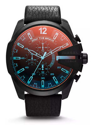 NWT DIESEL MEGA CHIEF DZ4323 BLACK IRIDESCENT LEATHER CHRONOGRAPH MEN WATCH 51mm