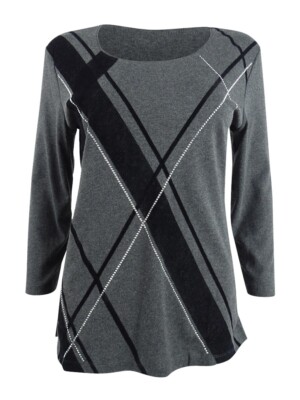 Karen Scott Women's Angled-Stripe Top (S, Charcoal Heather)