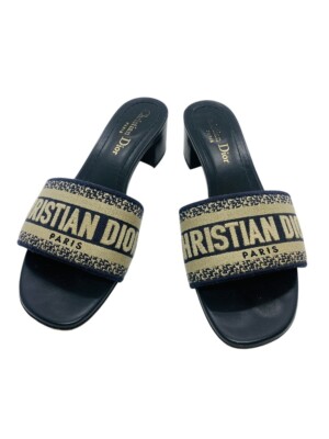 Christian Dior Dway Deep Blue Embroidered Cotton Heeled Slides EU 36