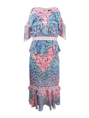 JAX Women's Printed Cold-Shoulder Midi Dress 2, Pink/Blue Pastel