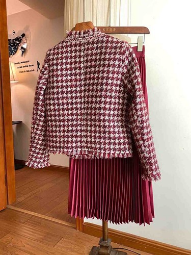 Pre-owned Handmade Custom Made To Order Tweed Houndstooth Jacket/pleated Skirt Set Plus 1x-10x L826 In Red