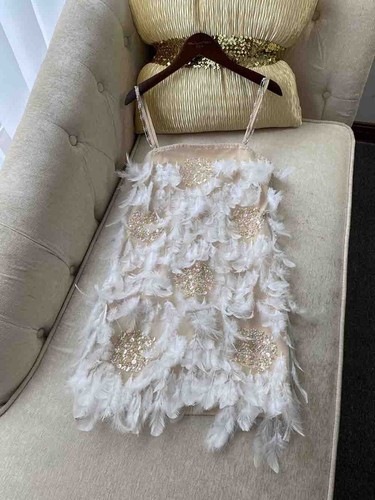 Pre-owned Handmade Custom Made To Order Beaded Feather Sequin Trim Mini Party Dress Plus1x-10x L728 In White