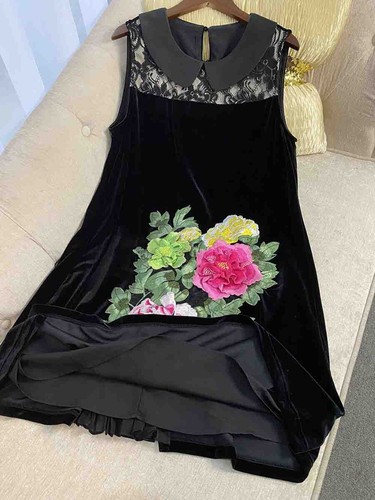 Pre-owned Handmade Custom Made To Order Sleeveless Embroidered Velvet A-line Dress Plus 1x-10x L726 In Black