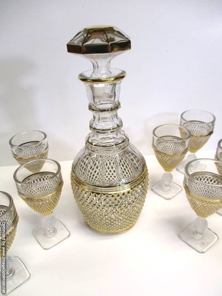 MCM 1960's Imperial Glass Mt Vernon Cambridge Decanter Set Diamond Point w Gold
