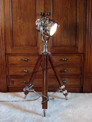 Retro Handmade Chrome Spot Light Tripod industrial Nautical Marine Floor Lamp FP