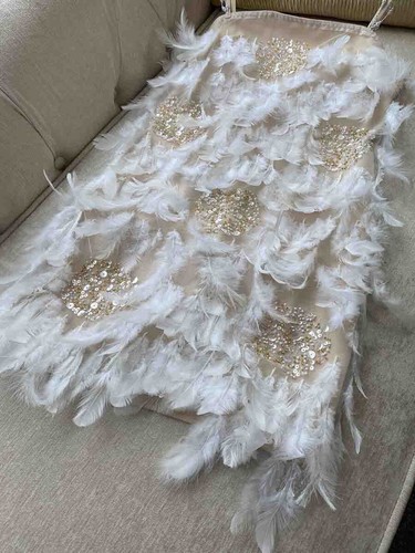 Pre-owned Handmade Custom Made To Order Beaded Feather Sequin Trim Mini Party Dress Plus1x-10x L728 In White