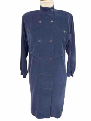Vtg REGINA PORTER Dark Blue Corduroy Double Breasted Full Button Front Dress 8