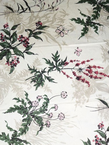 VTG Sylvania Ivory Linen Fabric HandPrint Floral Butterfly Curtain 2 Pcs. 87x50
