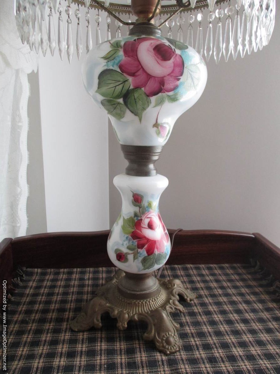 Gone with the Wind Banquet or Parlor Lamp with Hand Painted Roses & 52 Prisms