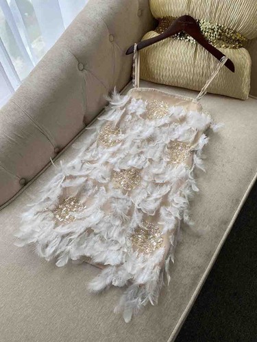 Pre-owned Handmade Custom Made To Order Beaded Feather Sequin Trim Mini Party Dress Plus1x-10x L728 In White