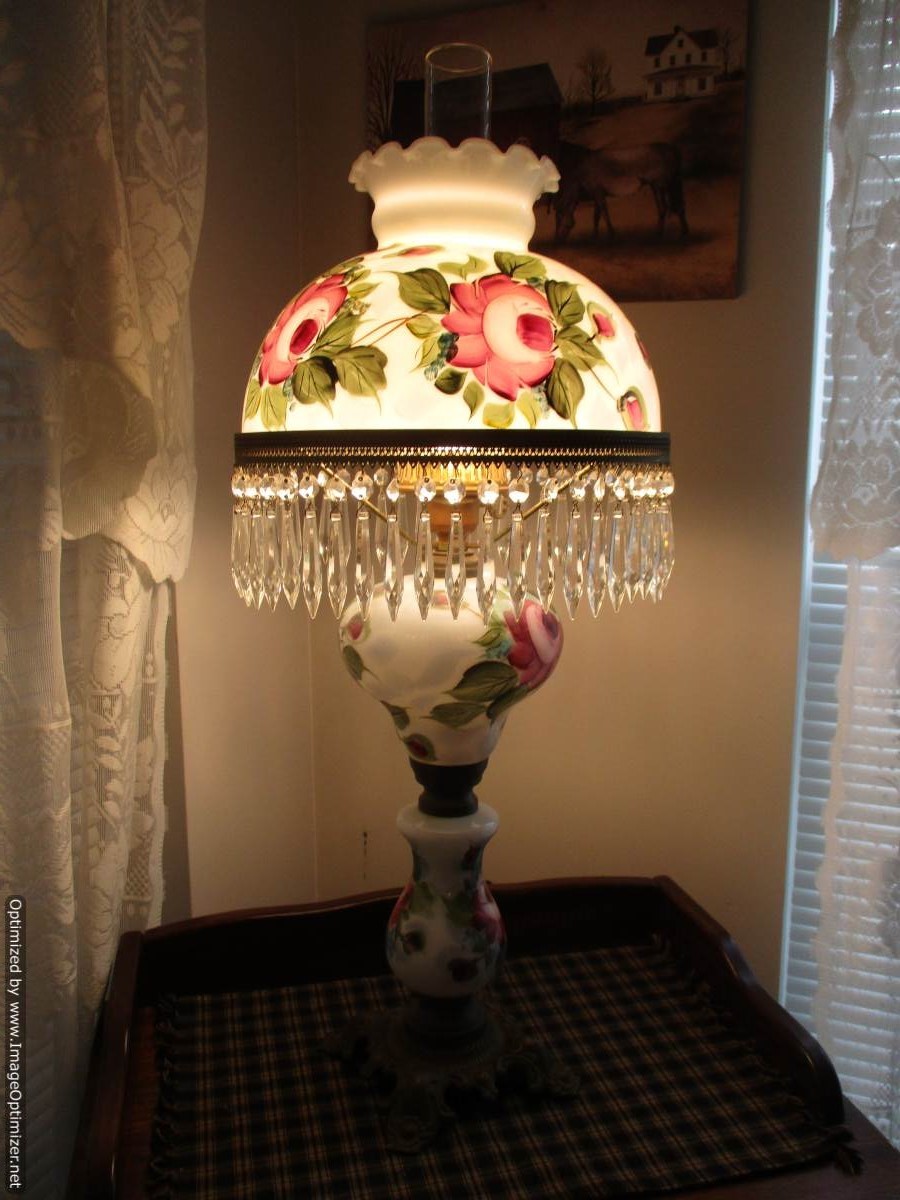 Gone with the Wind Banquet or Parlor Lamp with Hand Painted Roses & 52 Prisms