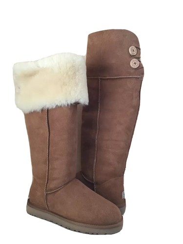 Pre-owned Ugg Over The Knee Bailey Button Chestnut Boots Us 8 / Eu 39 / Uk 6 In Brown