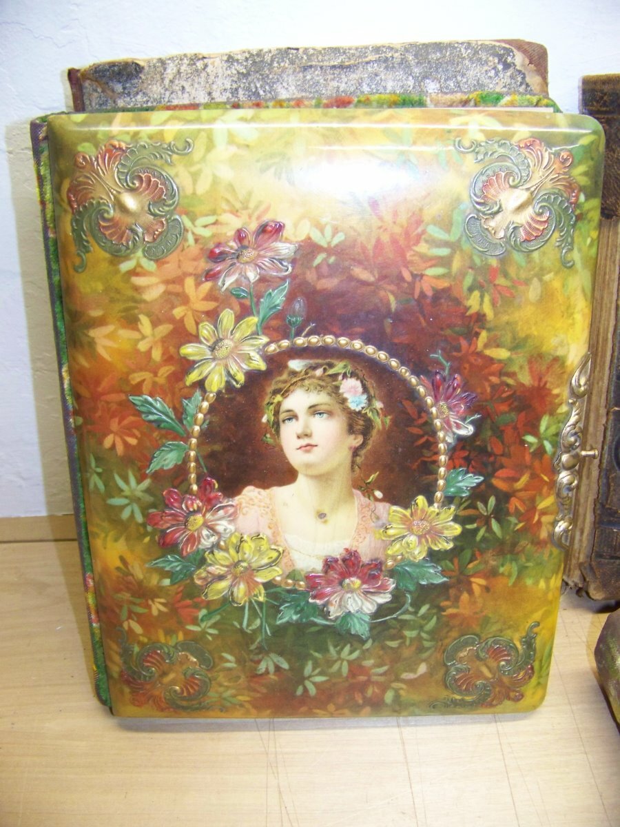 Antique celluloid victorian photo album lot of 4 33 photo's woman,horses