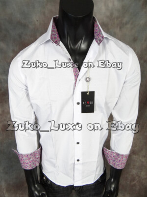 Men Shirt White Diamond Woven Paisley Trim Slim Fit Suslo Couture Button Up