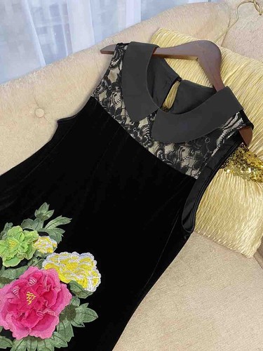Pre-owned Handmade Custom Made To Order Sleeveless Embroidered Velvet A-line Dress Plus 1x-10x L726 In Black