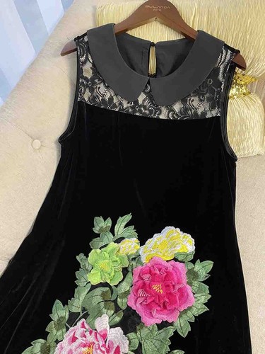Pre-owned Handmade Custom Made To Order Sleeveless Embroidered Velvet A-line Dress Plus 1x-10x L726 In Black