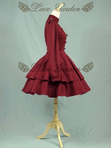 Pre-owned Handmade Custom Made To Order Lolita Casual Military Uniform Tiered Dress Plus 1x-10x L59 In Burgundy