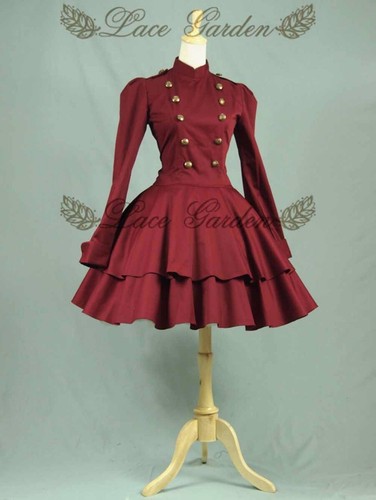 Pre-owned Handmade Custom Made To Order Lolita Casual Military Uniform Tiered Dress Plus 1x-10x L59 In Burgundy