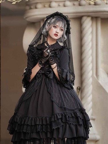 Pre-owned Handmade Custom Made To Order Classic Layered Lace-up Goth Lolita Dress Plus 1x-10x L540 In Black