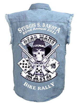 Mens Sturgis Bike Rally 2022 Dead Mans Hand Aces And Eights Blue Denim Shirt