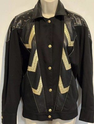 Vtg 90 s Deja Vu Designs Black Leather Gold Studded  Blouse Jacket Oversized XS