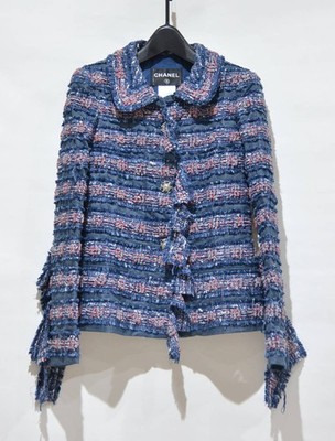CHANEL Coco Mark Button Collared Tweed Jacket Blue Size 38