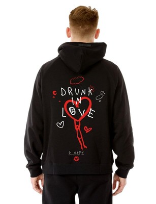 G-West Mens Life Styles Printed Drunk In Love Hoodie Sweatshirt-BLK-XL