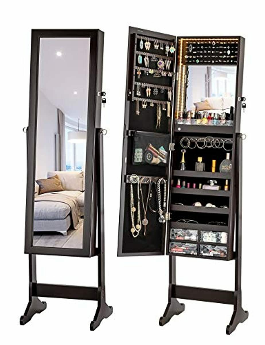 Luxfurni Led Light Jewelry Cabinet Standing Mirror Makeup Lockable Armoire Uk Ebay