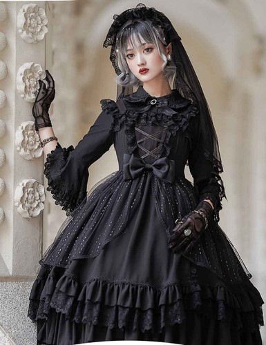 Pre-owned Handmade Custom Made To Order Classic Layered Lace-up Goth Lolita Dress Plus 1x-10x L540 In Black