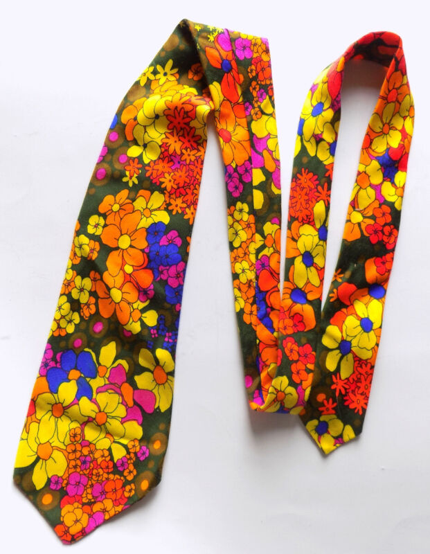 Vintage Multi Neon Colored Floral Tie 60s 70s Loud Colors