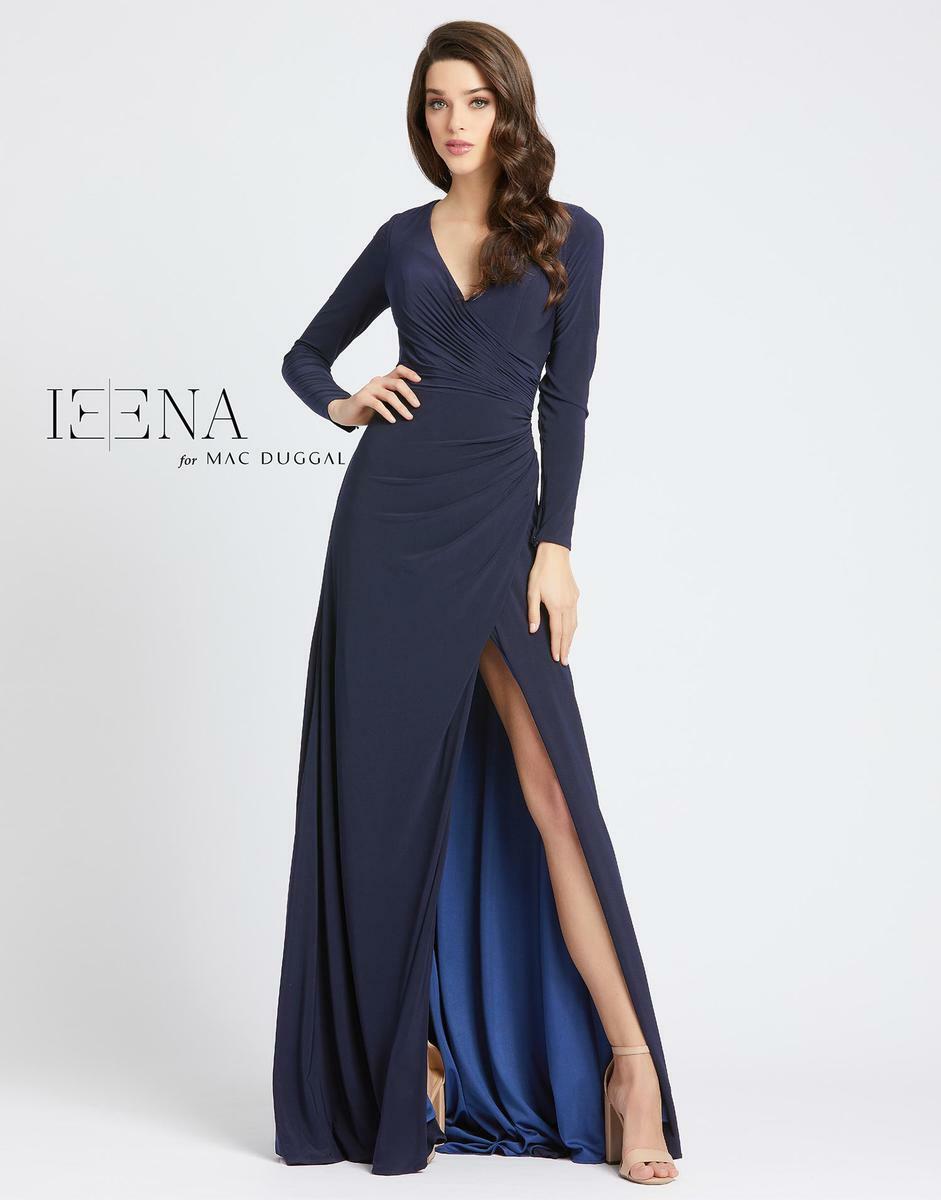 НОВОЕ IEENA MAC DUGGAL 25685i Полуночное темно-синее платье из джерси со сборками и запахом и высоким разрезом 14