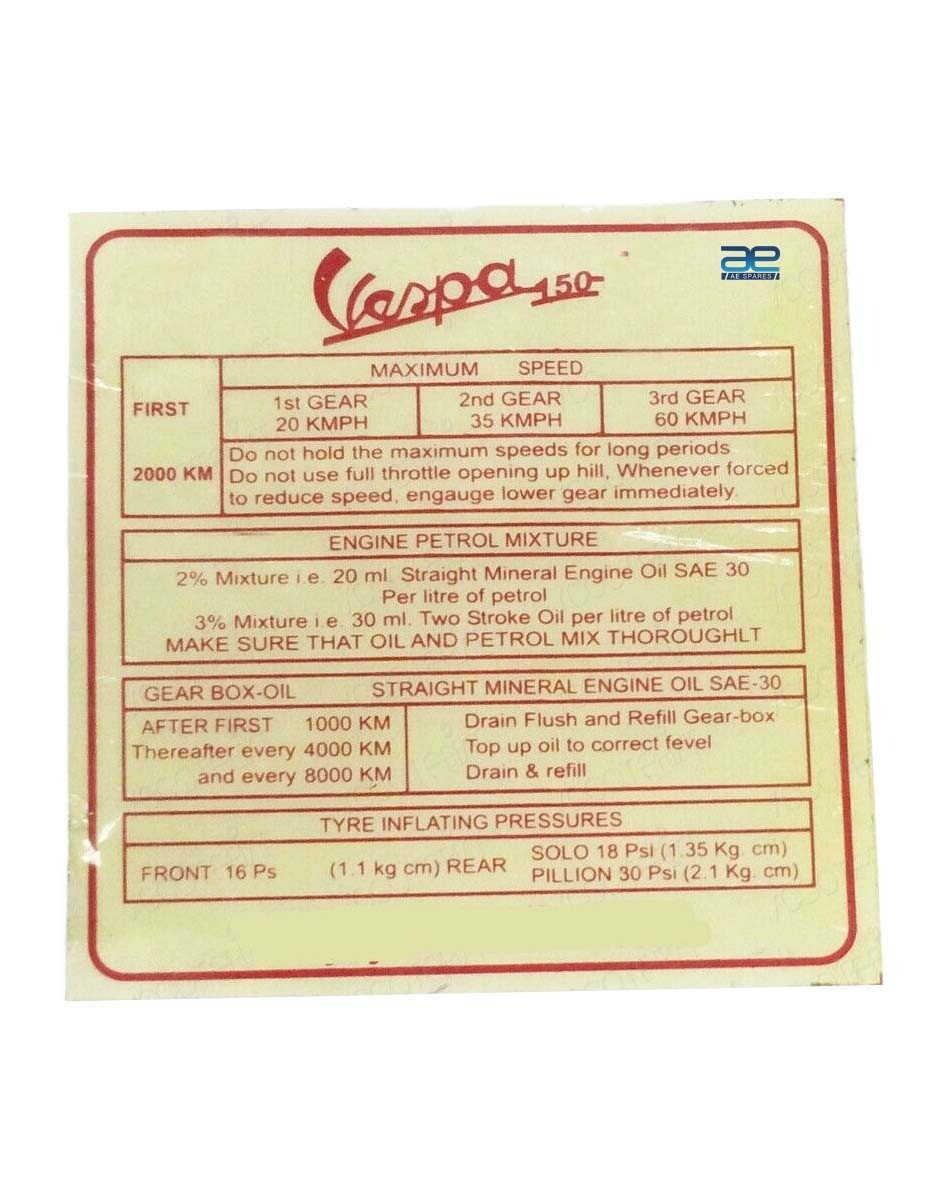 Vespa Legshield Body Instruction Fuel Badge Sticker VBB VBA SUPER 10x10cm  