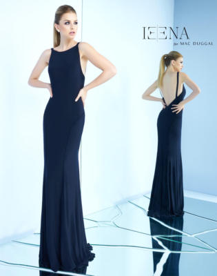 IEENA MAC DUGGAL 25220i Темно-синее трикотажное платье-русалка с V-образным вырезом на спине 0 XS