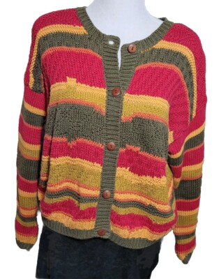 Vtg Melbourne Elements Cardigan Sweater Women Sz Lg Fall Rainbow Multi Stripped