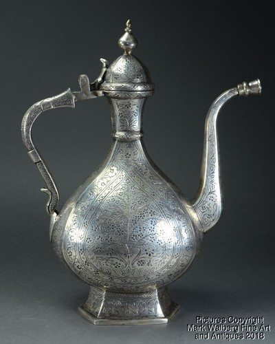 Indian Mughal Silver Ewer, Fine Engraved Floral Designs, 17th to 18th Century