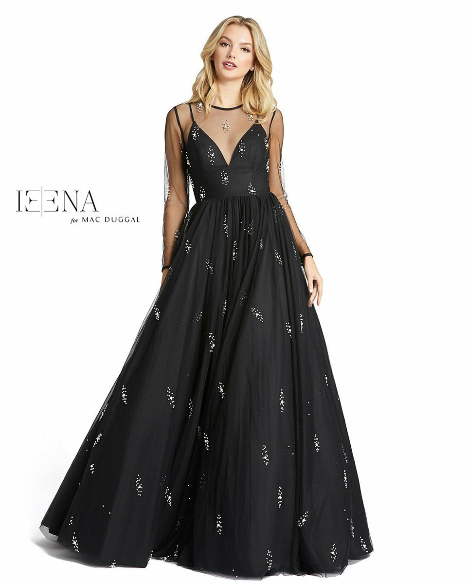 IEENA MAC DUGGAL 26295i Расклешенное платье из тюля с черными жемчужными бусинами и иллюзиями на рукавах 12