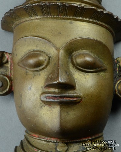 Small India Indian Bronze Mask with Hat, Hand Chased Features, 19th Century