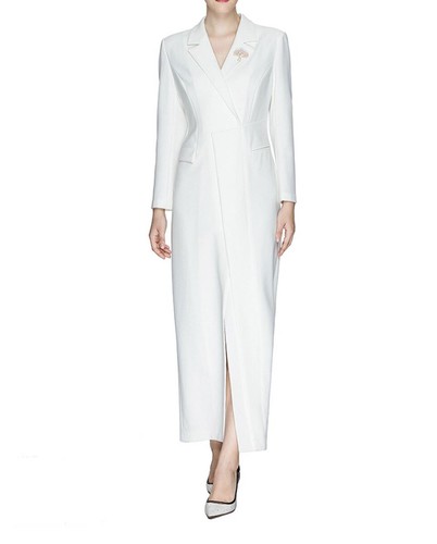 Pre-owned Handmade Custom Made To Order Lapel Asymmetric Formal Maxi Business Dress Plus1x-10x L220 In White