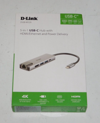 New D-Link DUB-M520 5-in-1 USB-C Hub with HDMI Ethernet Power Delivery Silver 4K