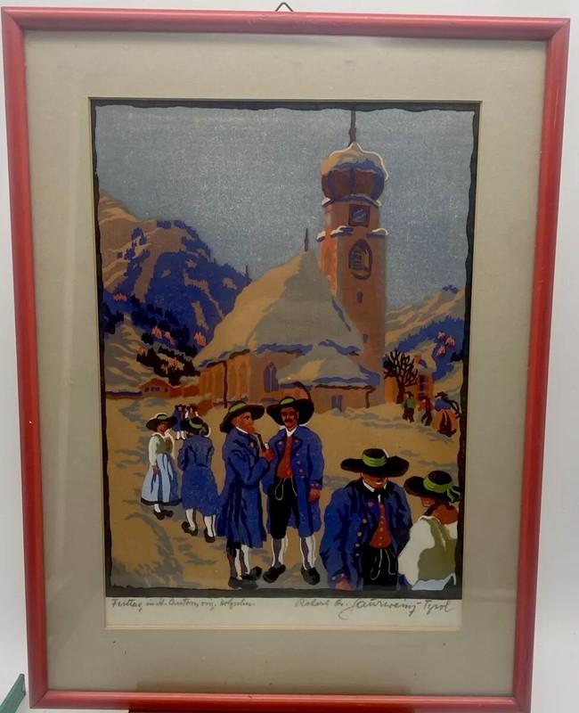 Festtag In St. Anton , Farb. Holzschnitt, Sign. R. Saurwein, Tyrol,