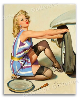 1960s Gil Elvgren PinUp Girl Poster Tire ''Quick Change'' - 11x14