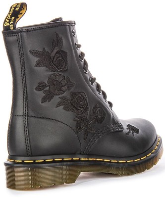 Pre-owned Dr. Martens Dr Martens 1460 Vonda 8 Eye Rose Embroidered Womens Boot Black Mono Us 5 - 11