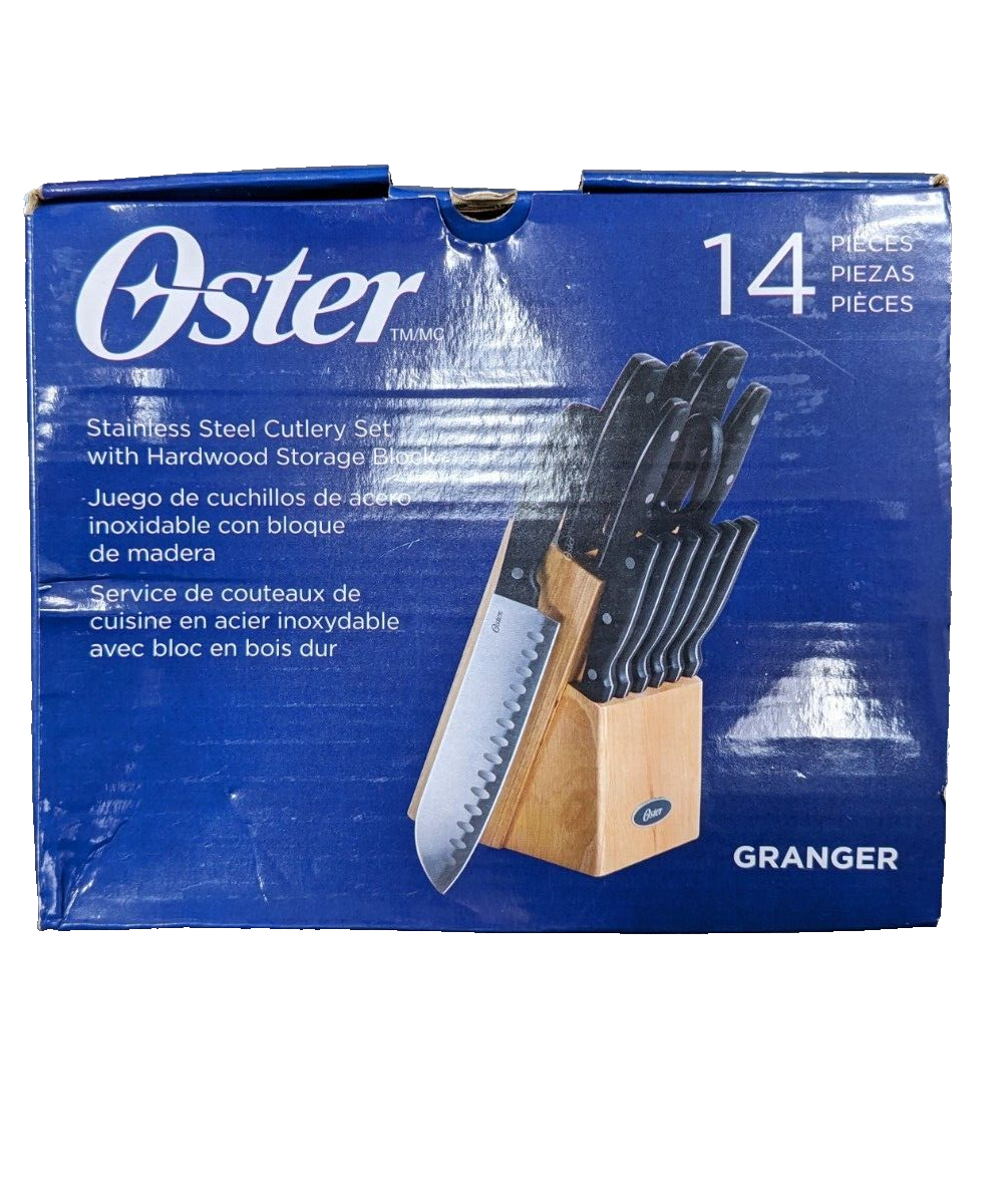 NIB NEW OSTER GRANGER 14-PIECE KITCHEN KNIFE WOOD BLOCK SET STAINLESS STEEL