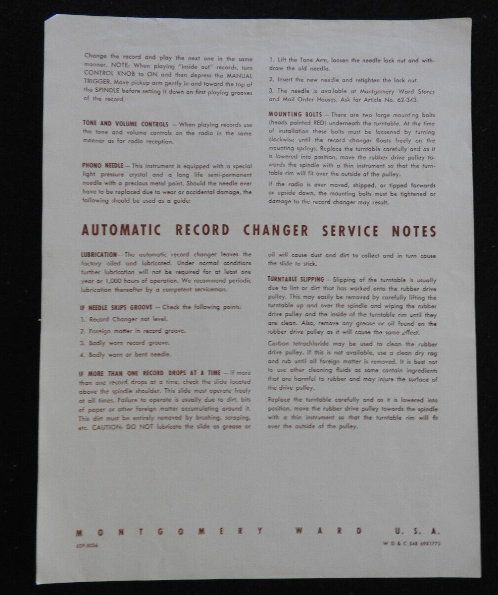 1940's Montgomery Wards Airline Console AM/SW Radio 84WG-2718B 84WG-2724A MANUAL