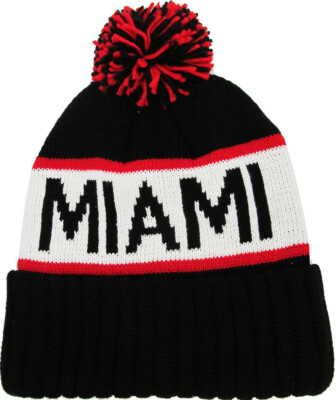 Miami City Collection Knit Black, White & Red Pom Beanie Winter Hat by KB ETHOS