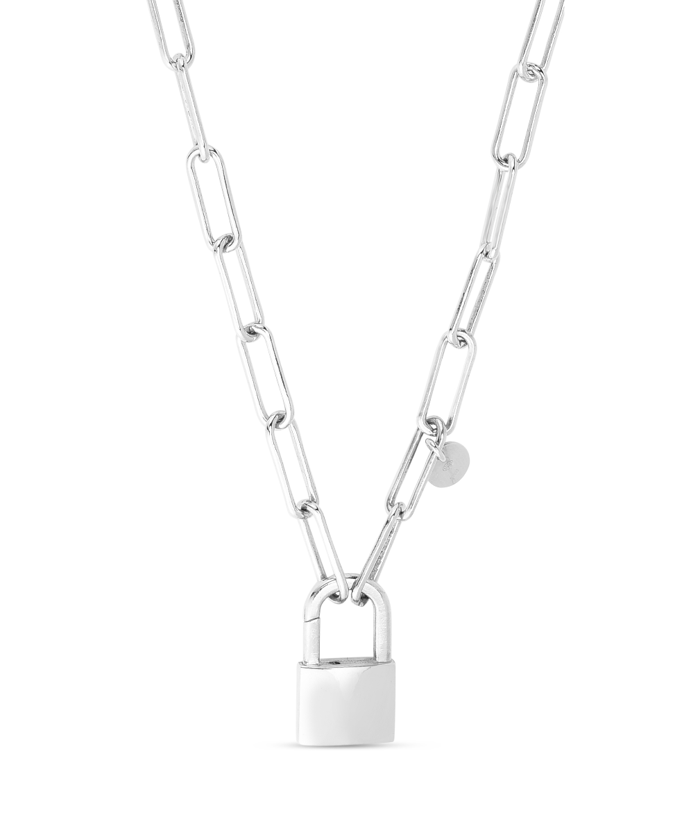 Pad Lock Paperclip Links Chain Necklace Real Sterling Silver