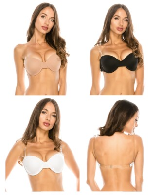 NEW CLEAR BACK INVISIBLE STRAPS STRAPLESS CONVERTIBLE PUSH UP BRA 32-38  B C 