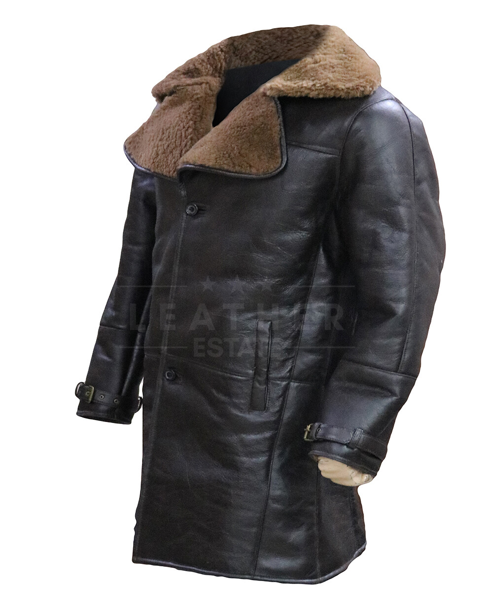 Pre-owned Leather Estate Real Sheep Shearling Aviator Black Long Leather Coat | All Sizes