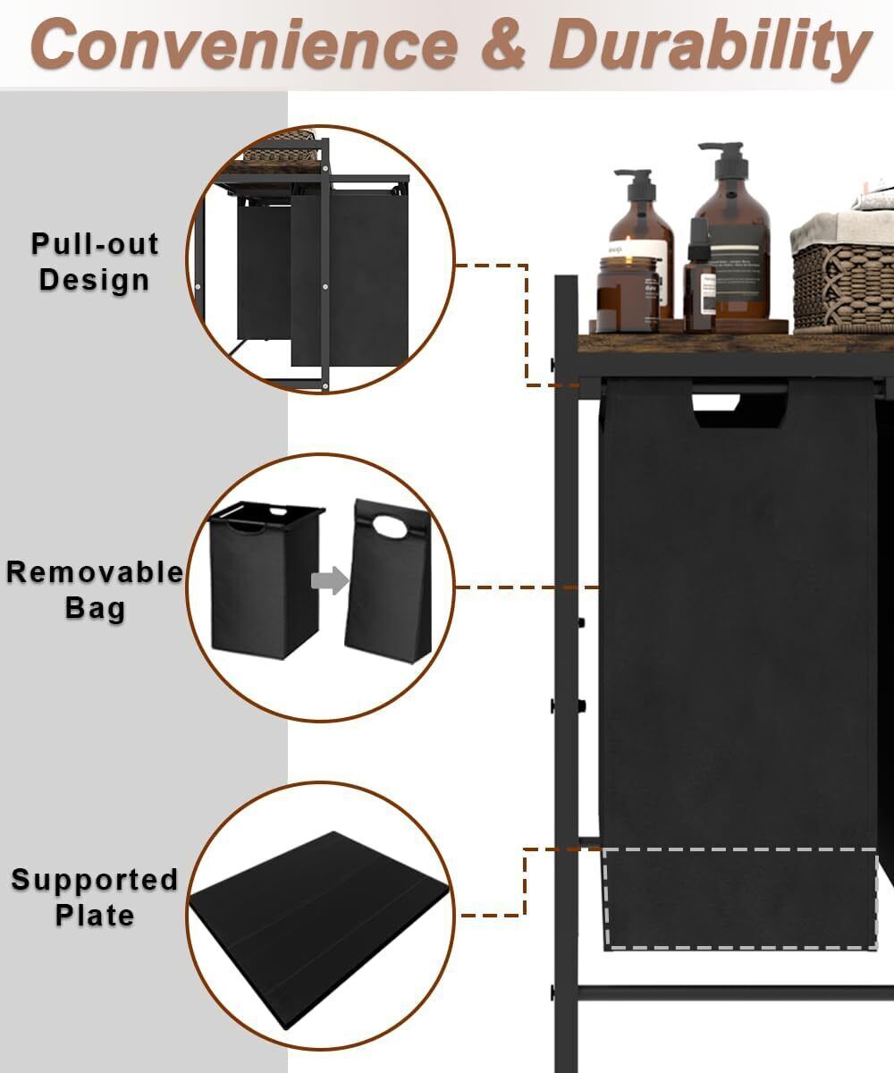 Laundry Hamper w/ 3 Pull-Out & Removable Sorter Bags Clothes Basket Organizer US